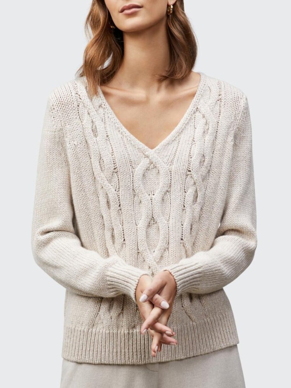 Lafayette 148 Oatmeal Melange Lofty Wool-Blend Chine Cable-Knit Pullover